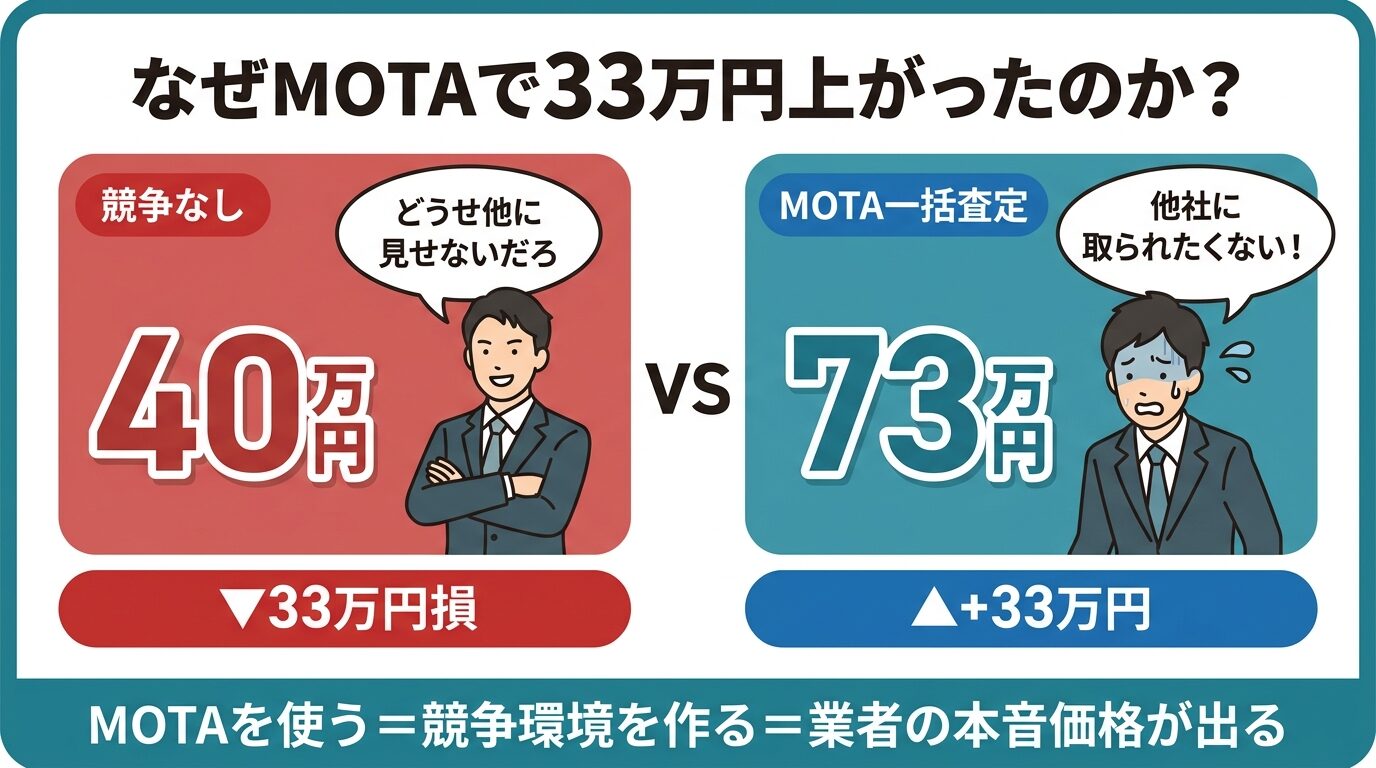 なぜMOTAで33万円上がったのか？競争なしvsMOTA一括査定の比較図解