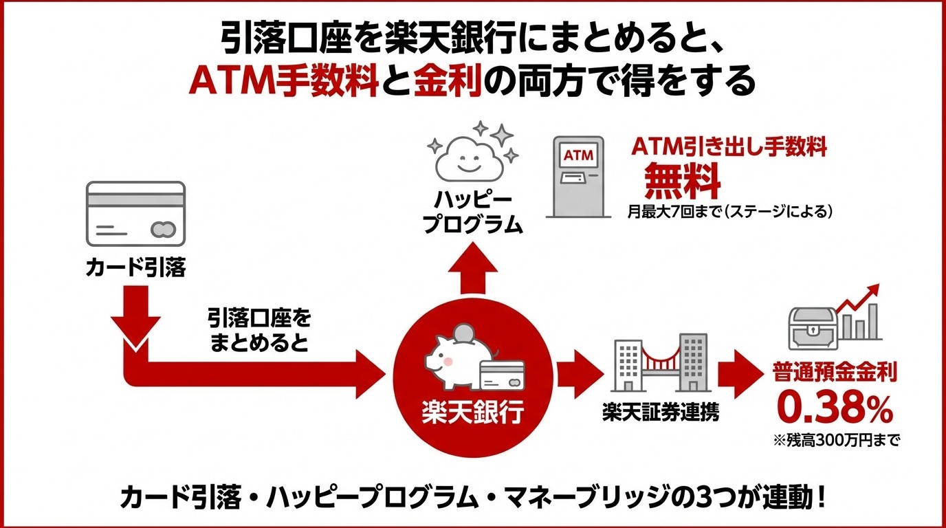 楽天銀行ハッピープログラムとマネーブリッジの仕組み図