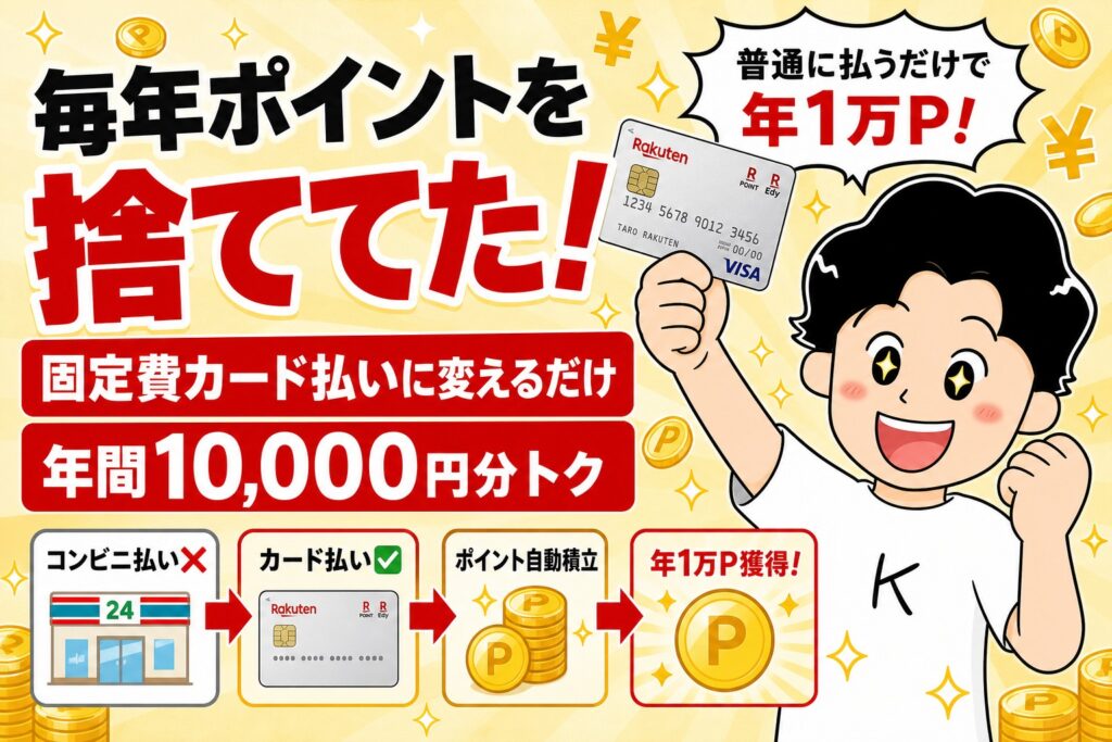 固定費をカード払いに変えるだけで年間10,000円分トクになる仕組みを解説するアイキャッチ
