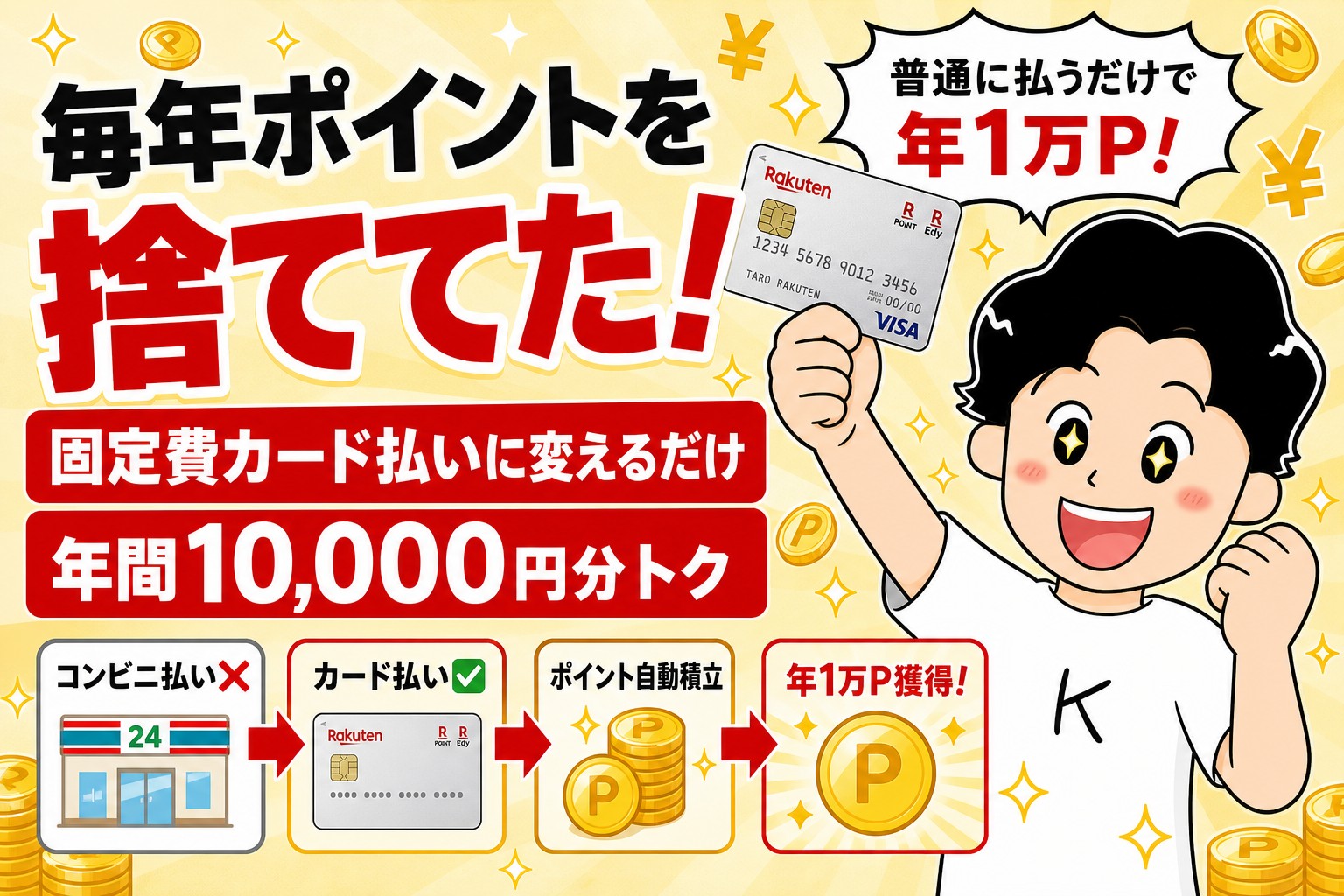 固定費をカード払いに変えるだけで年間10,000円分トクになる仕組みを解説するアイキャッチ