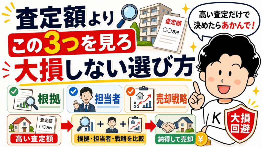 査定額よりこの3つを見て不動産一括査定で大損しない選び方を示すアイキャッチ