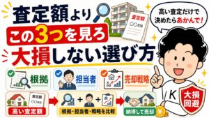 査定額よりこの3つを見て不動産一括査定で大損しない選び方を示すアイキャッチ