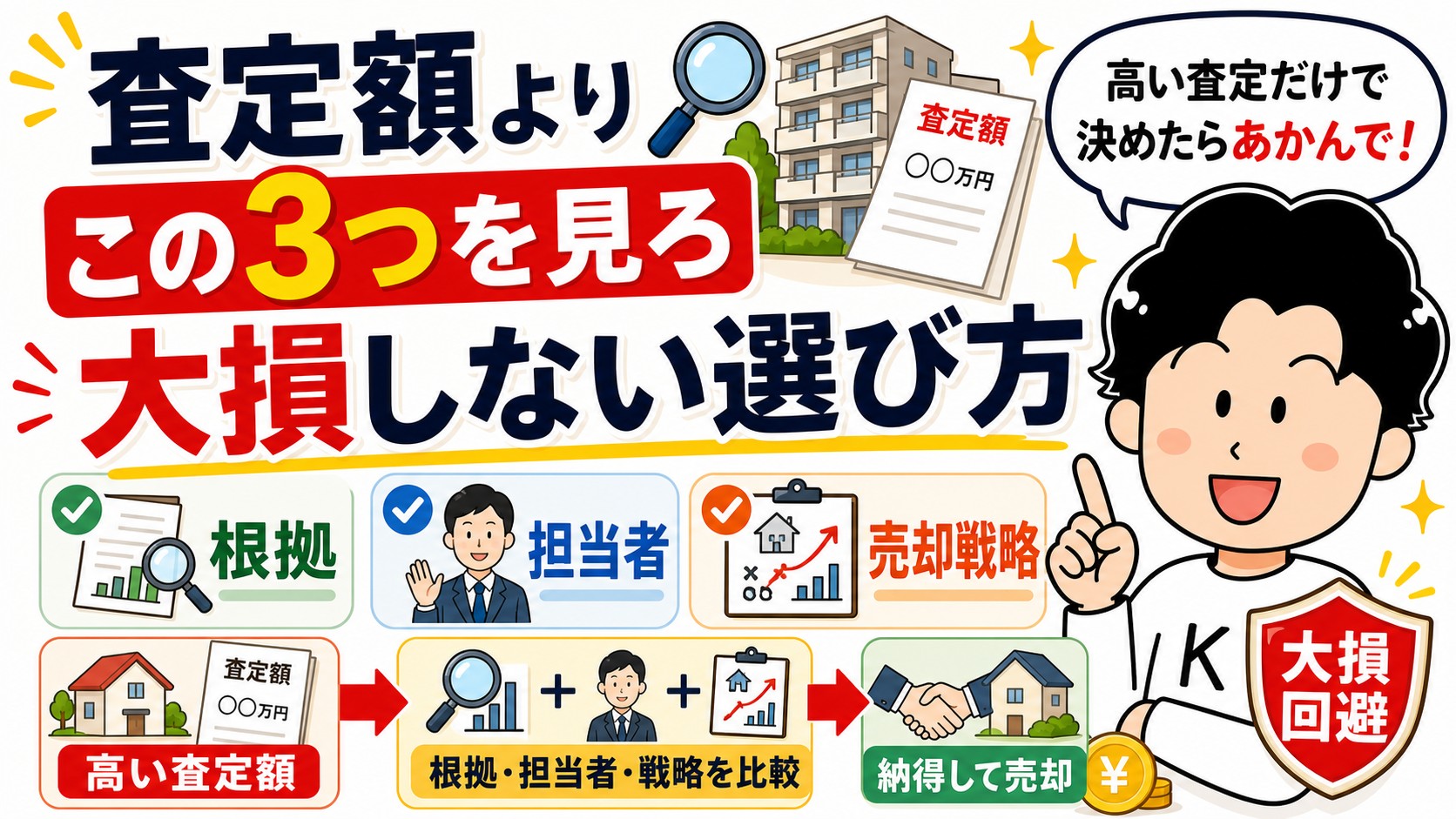 査定額よりこの3つを見て不動産一括査定で大損しない選び方を示すアイキャッチ