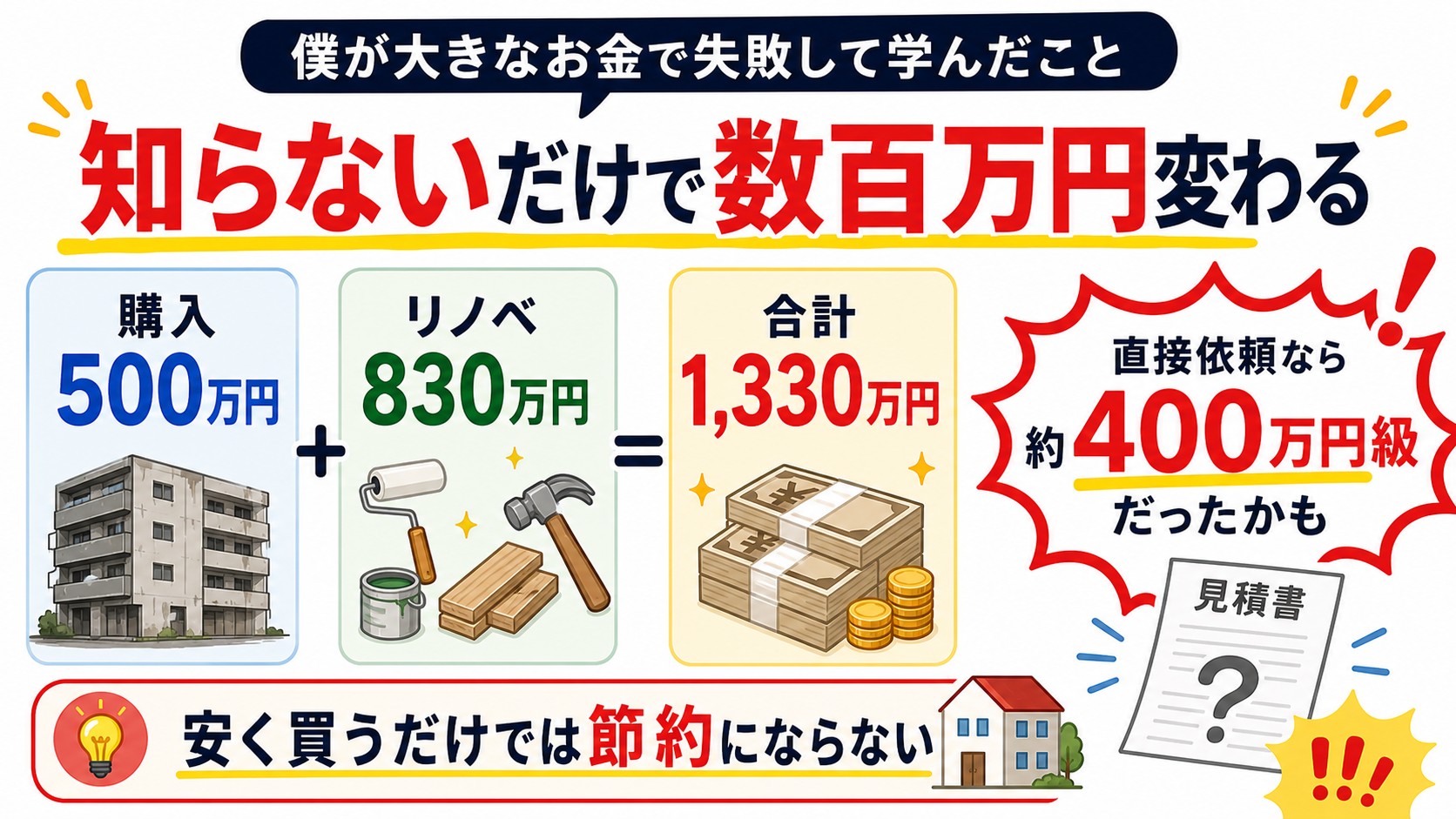 中古マンション購入とリノベーション費用の失敗を示す図解