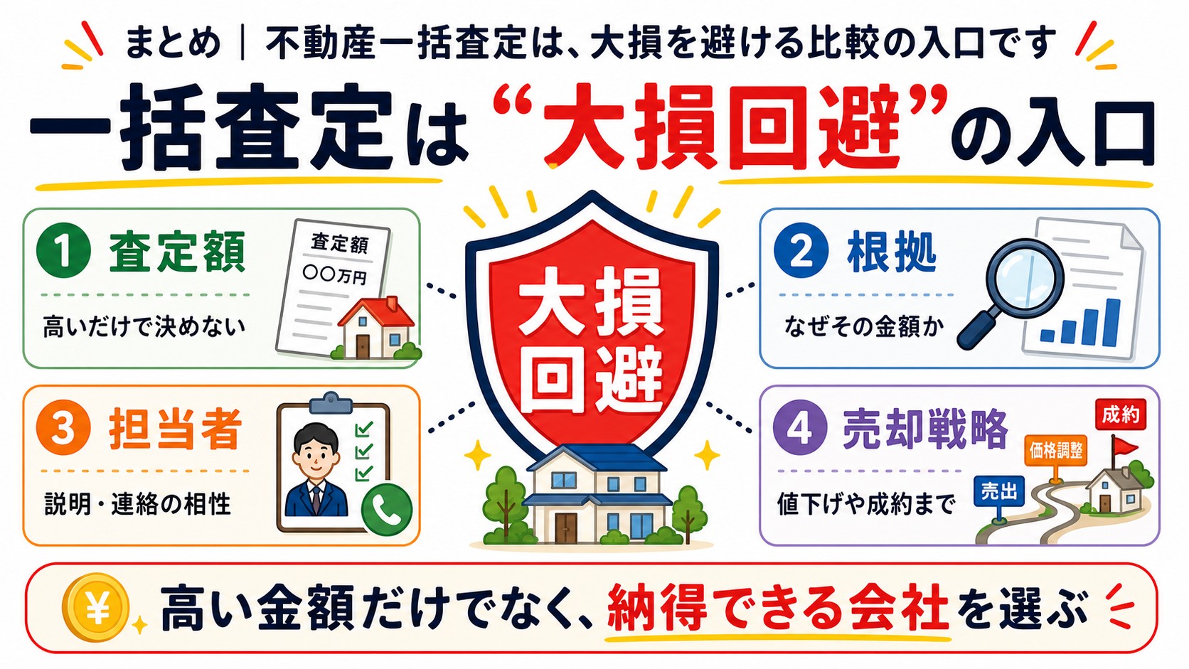 一括査定は大損回避の入口で査定額・根拠・担当者・売却戦略を比較する図解