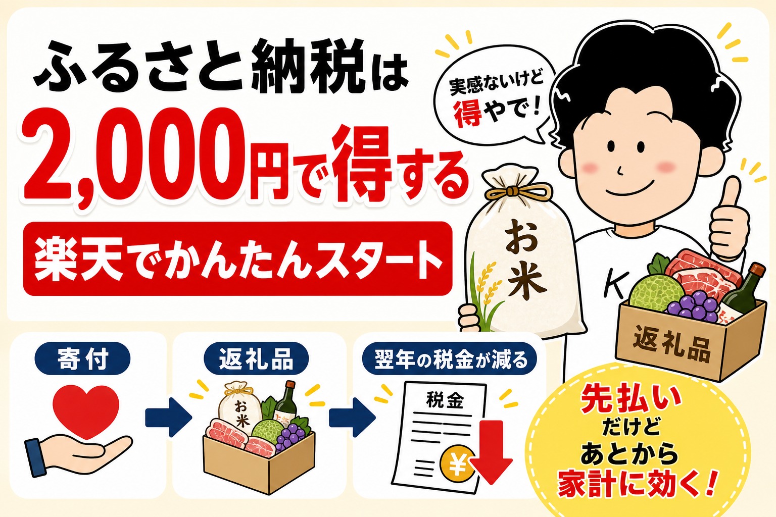 ふるさと納税は2000円で得する楽天でかんたんスタートのアイキャッチ
